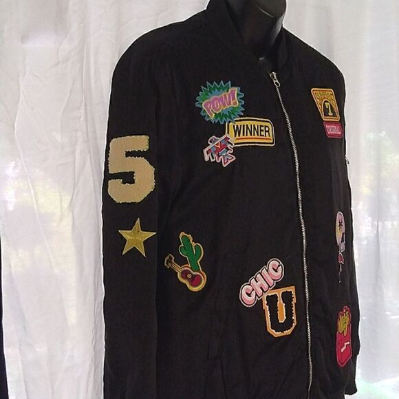 Varsity Jacket Black Satin Patches size small - Picture 2 of 14